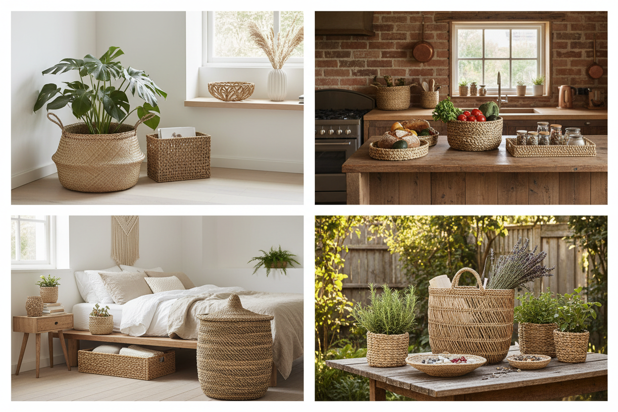 create a image that reporesent varity of products in woven husk diffrent type of hand woven baskets & eco backgrounds & diffrent way of living 