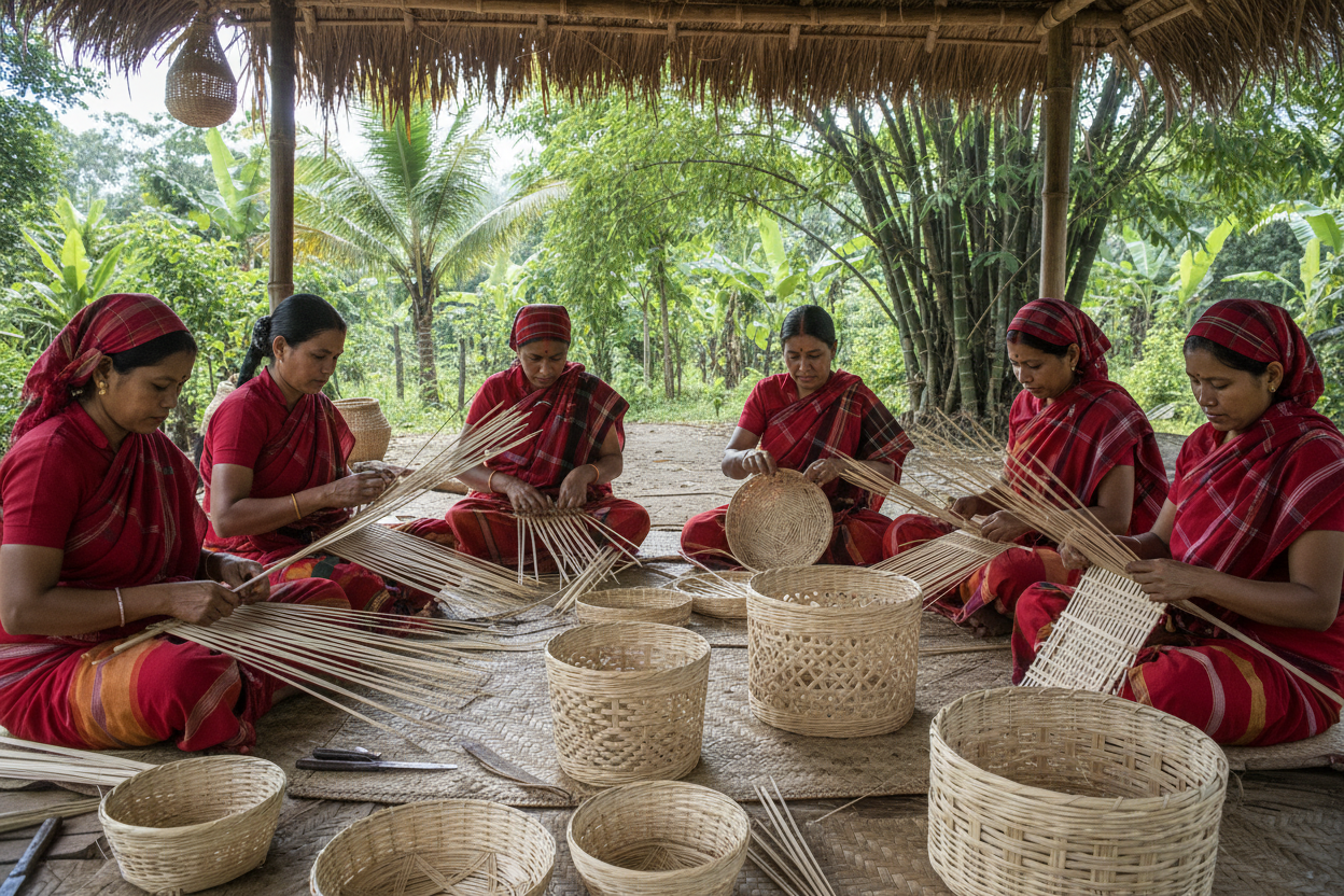 generate picture of Indian northeast articians who weave ahndcafter baskets 