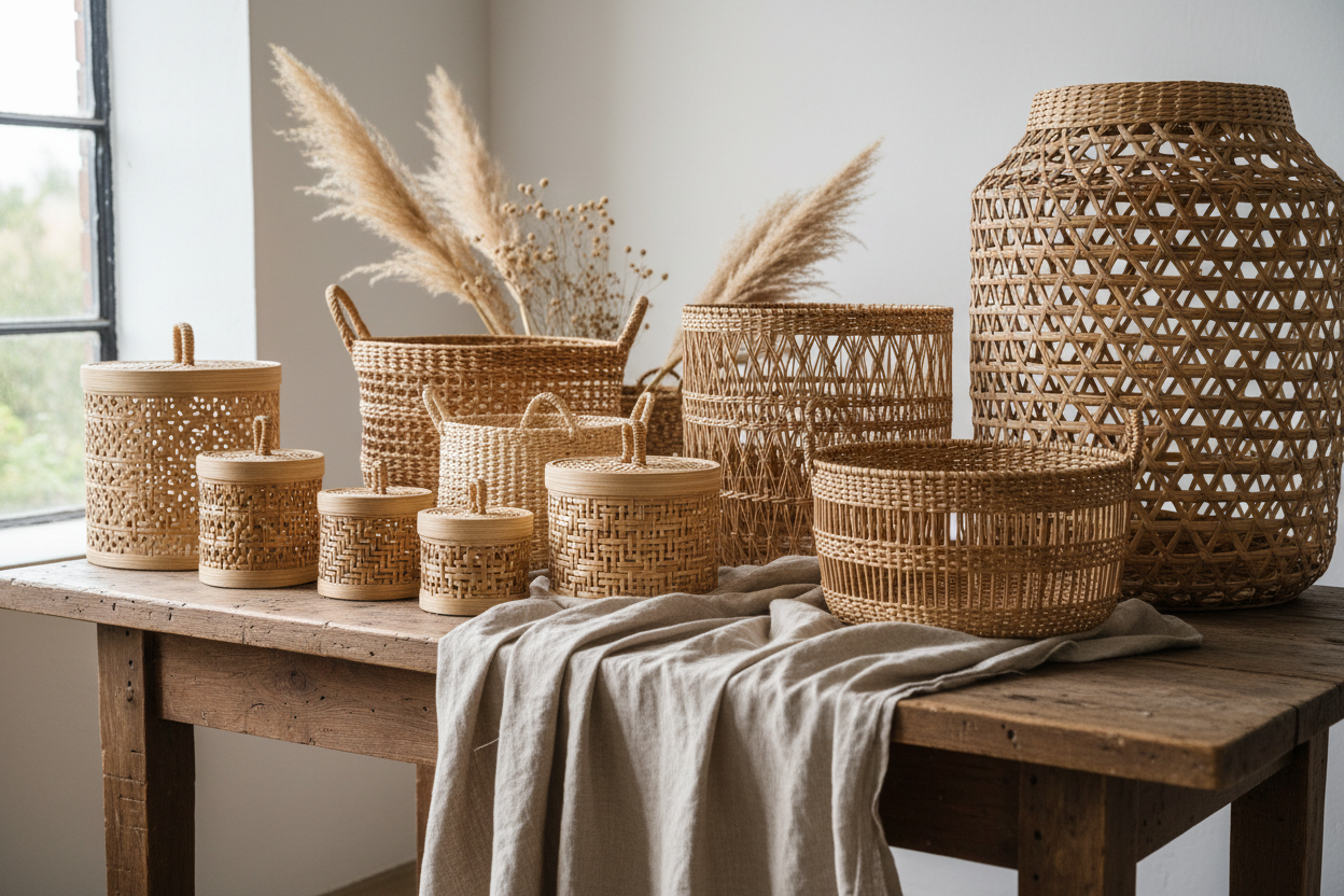 our products are handcrafted made of kane, rattan etc & are primarily baskets used for this image will be used in Mur Phylosophy section